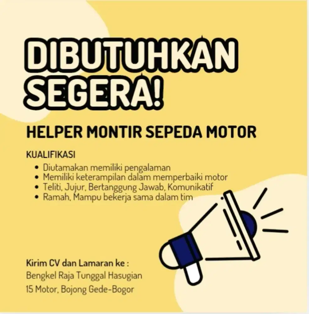 Lowongan pekerjaan Helper montir bengkel sepeda motor