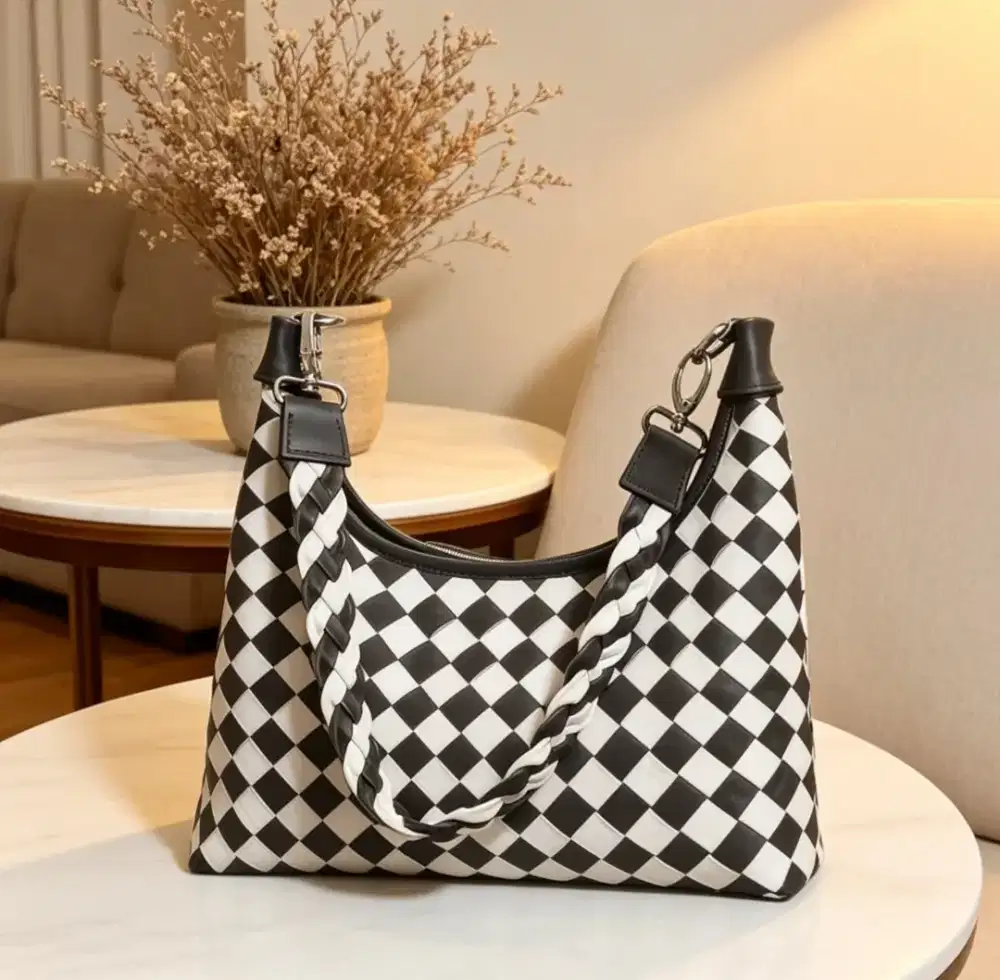 Tas Wanita Motif Anyam Putih Coklat