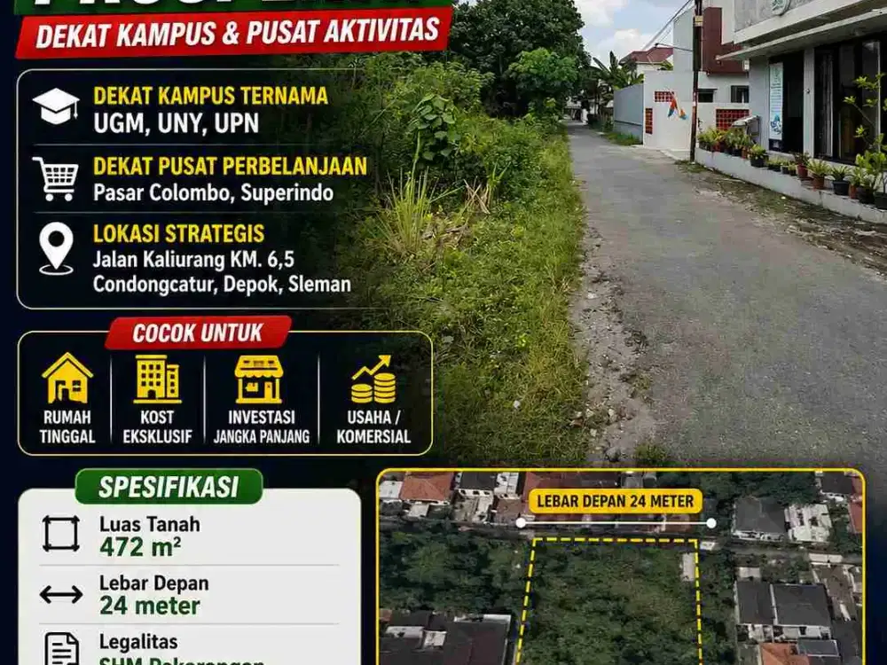 DIJUAL TANAH STRATEGIS DEKAT KAMPUS UGM AREA JALAN KALIURANG KM 6,5