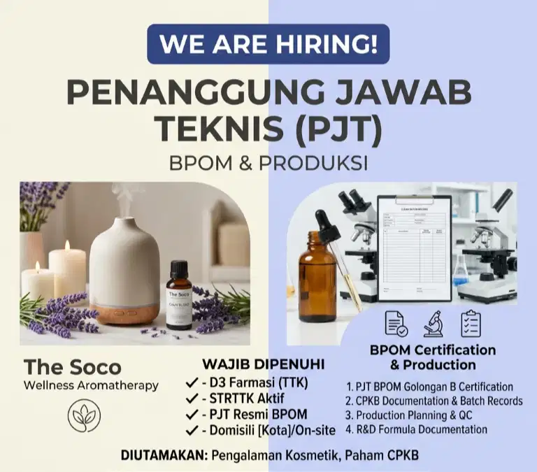 Lowongan PJT Kosmetik Gol B — D3 Farmasi + STRTTK Aktif