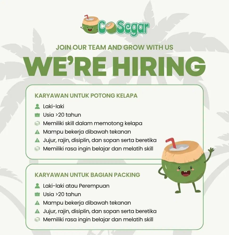Lowongan kerja untuk bidang Packing dan Tukang potong