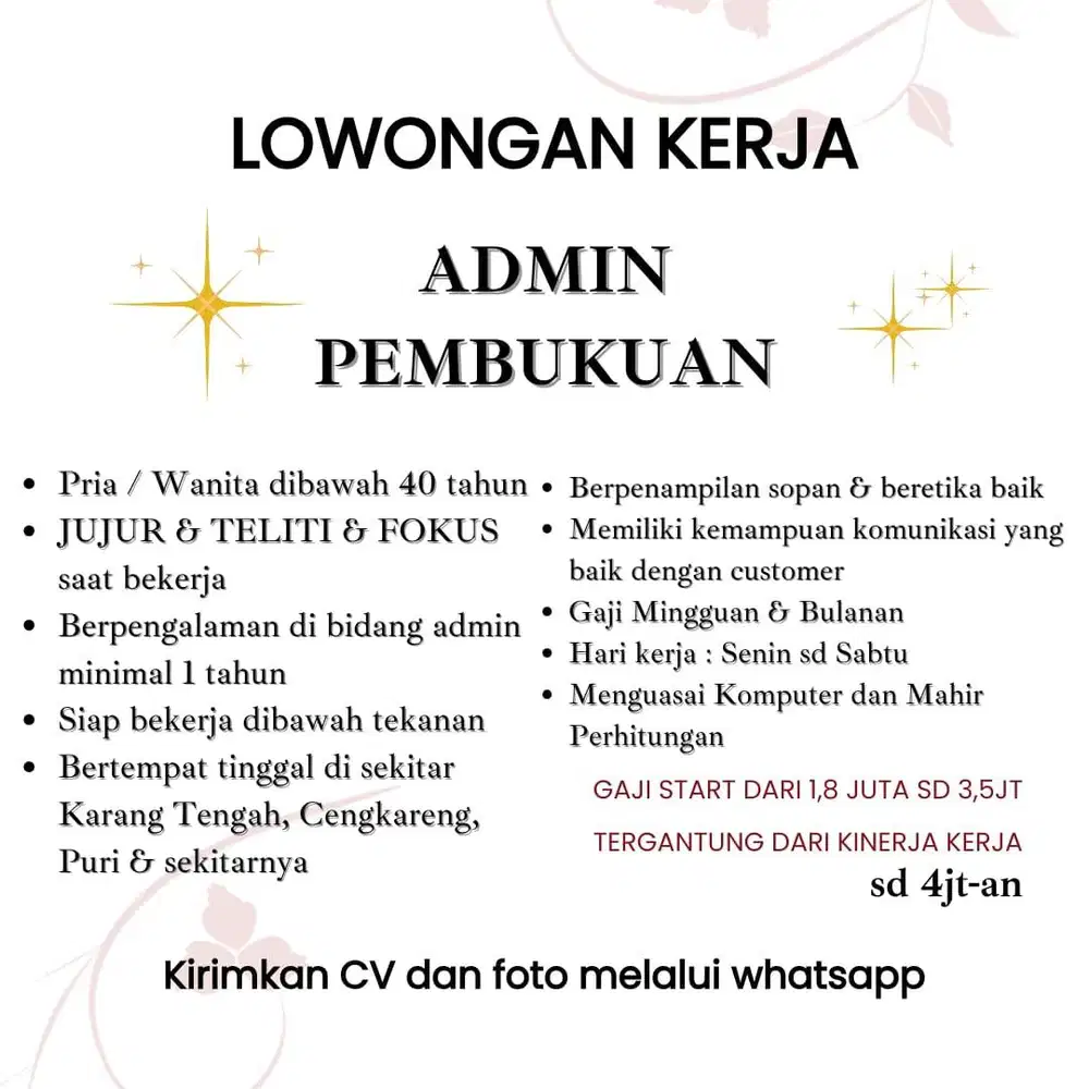 Dicari Admin Chatting, Pembukuan dan Asisten Admin