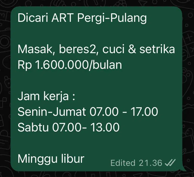 Dicari ART Pulang - Pergi daerah Wahana Pondok Gede, Jatiranggon