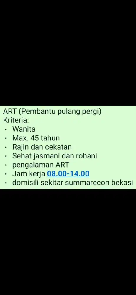 DICARI ART (Pembantu Pulang Pergi)