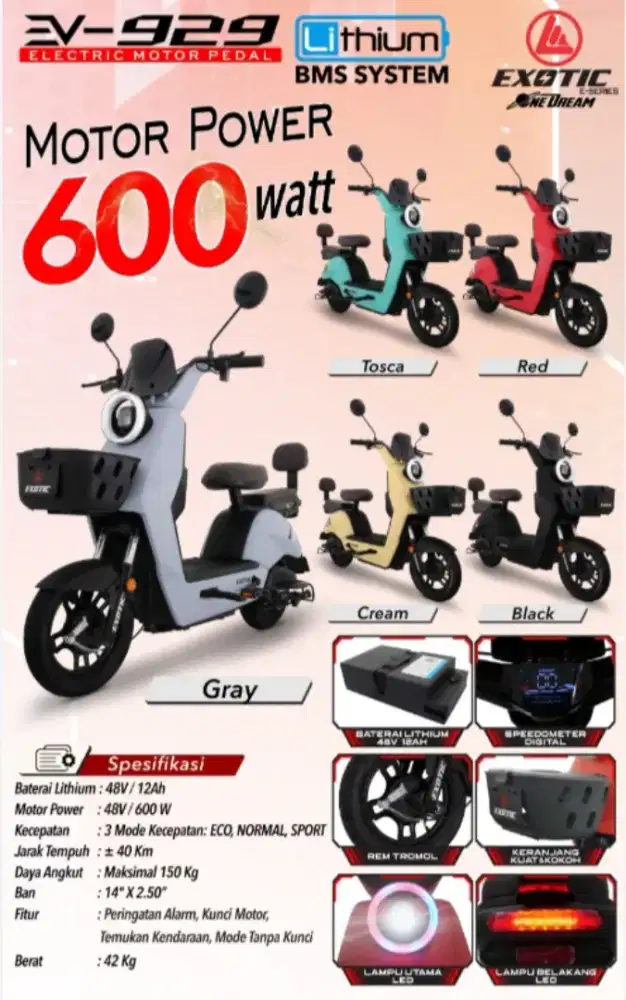 Sepeda Listrik Exotic Ev929 sudah btrei lithium, berkualitas