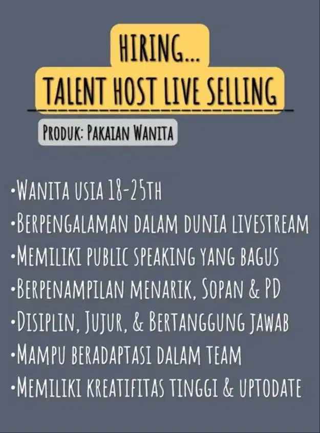 HIRING… TALENT HOST LIVE SELLING… (Pakaian Wanita)