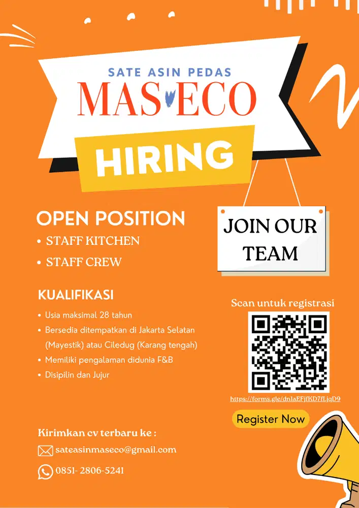 Lowongan pekerjaan Staff Crew & Kitchen Sate Asin Pedas Mas Eco