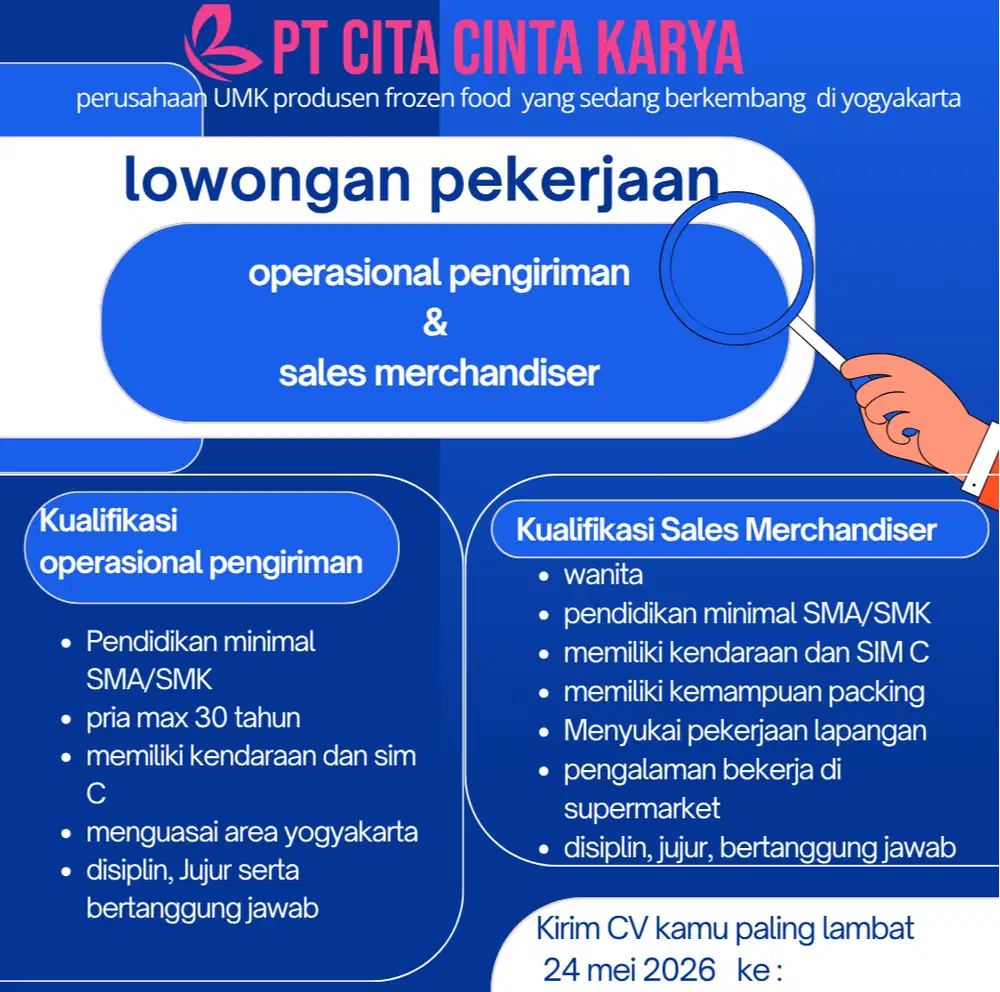 lowongan segera staf operasional pengiriman dan sales merchandiser