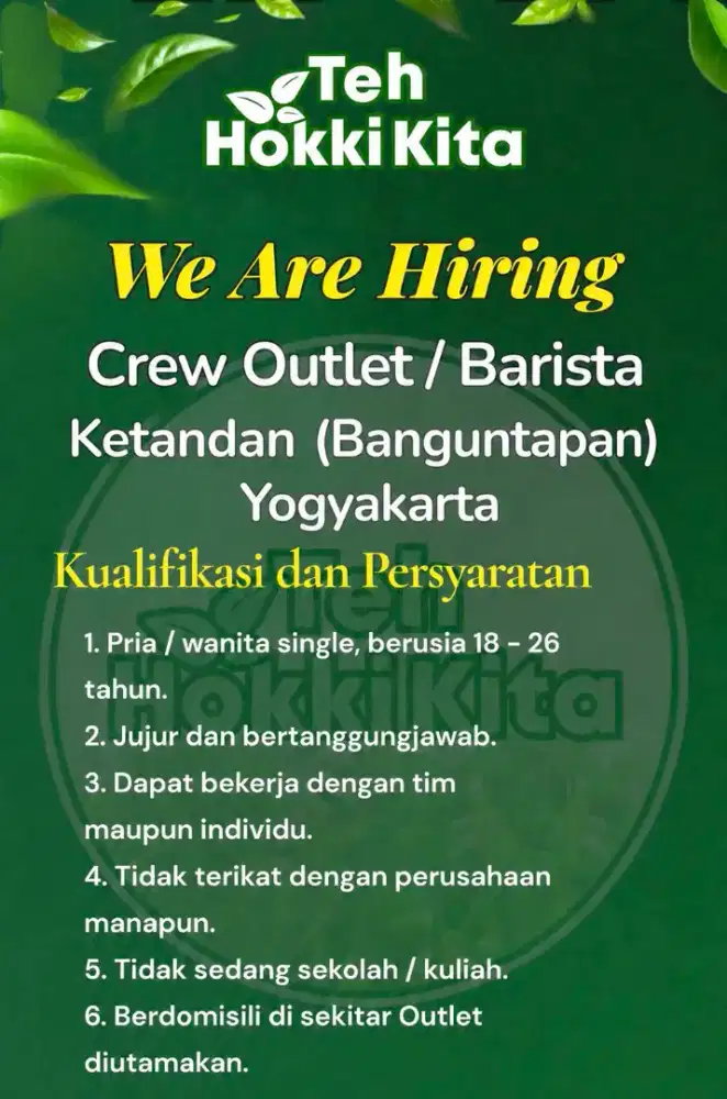 Dibutuhkan crew /pelayan outlet Minuman Teh