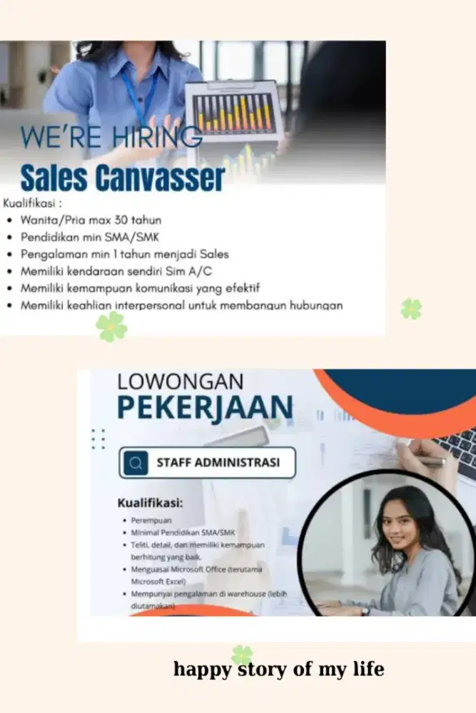 Dibutuhkan urgent Mkt -Sales Canvasser + Adm Sales area jogja