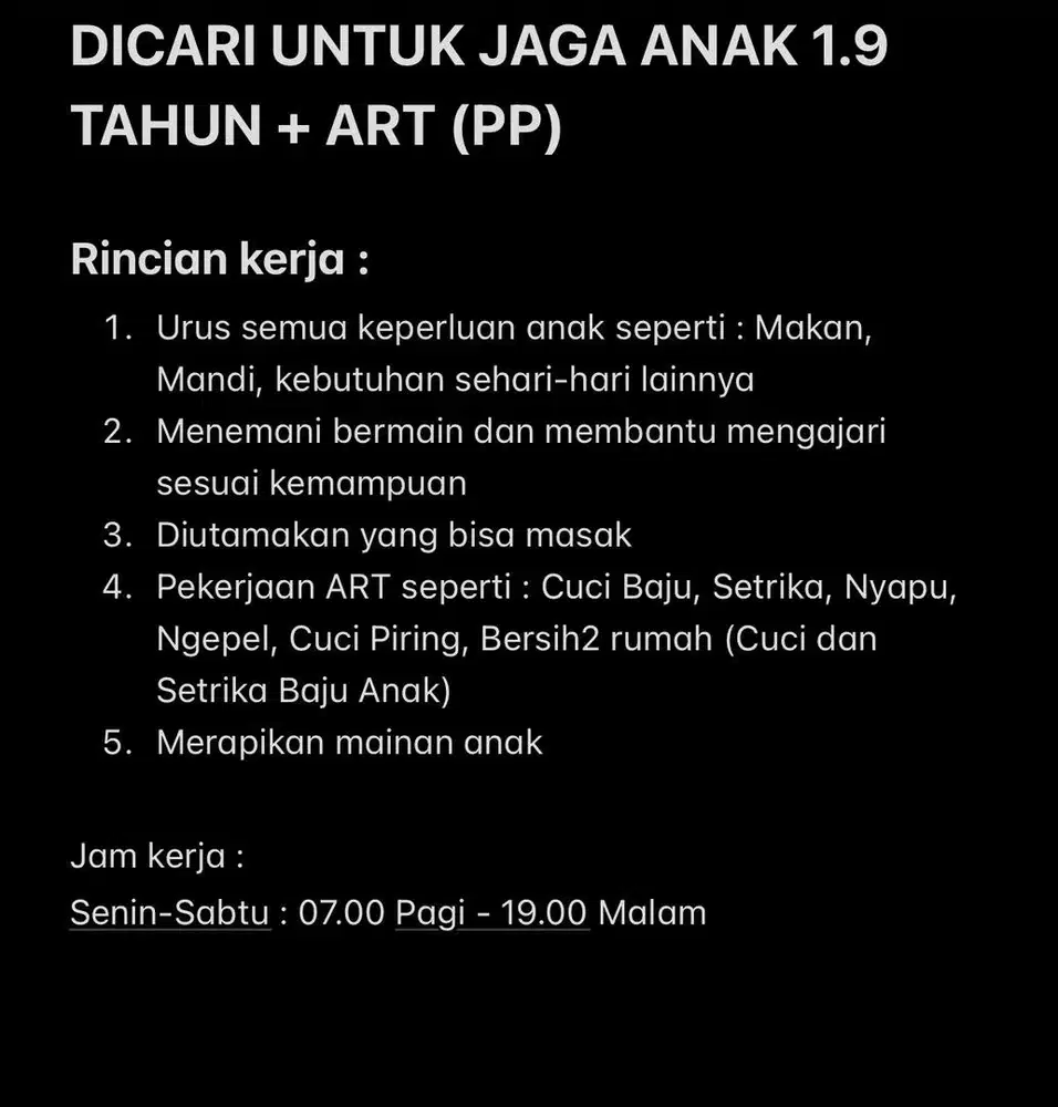 Dicari Penjaga Anak 1.9 Tahun + ART