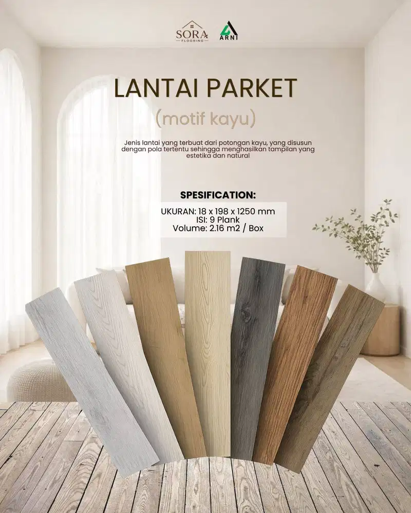 ARNI Lantai Parket Motif Kayu 18x198x1250 Harga Per 1 Box (9 Plank)