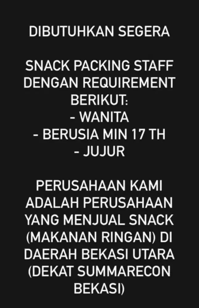 LOKER SNACK PACKING STAFF