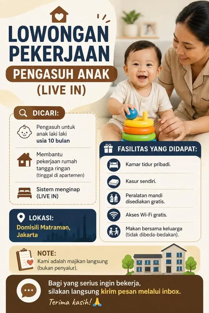 LOWONGAN PEKERJAAN: PENGASUH ANAK (LIVE IN)