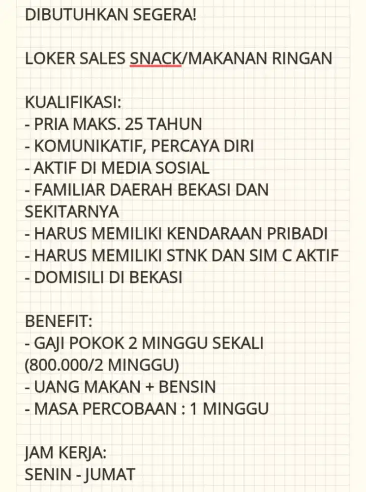 DIBUTUHKAN SEGERA SALES