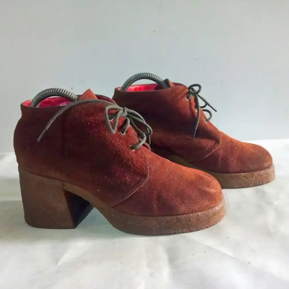 Ankle Boots KENZO Suede Leather Brown Block Heel Sepatu Fashion Wanita