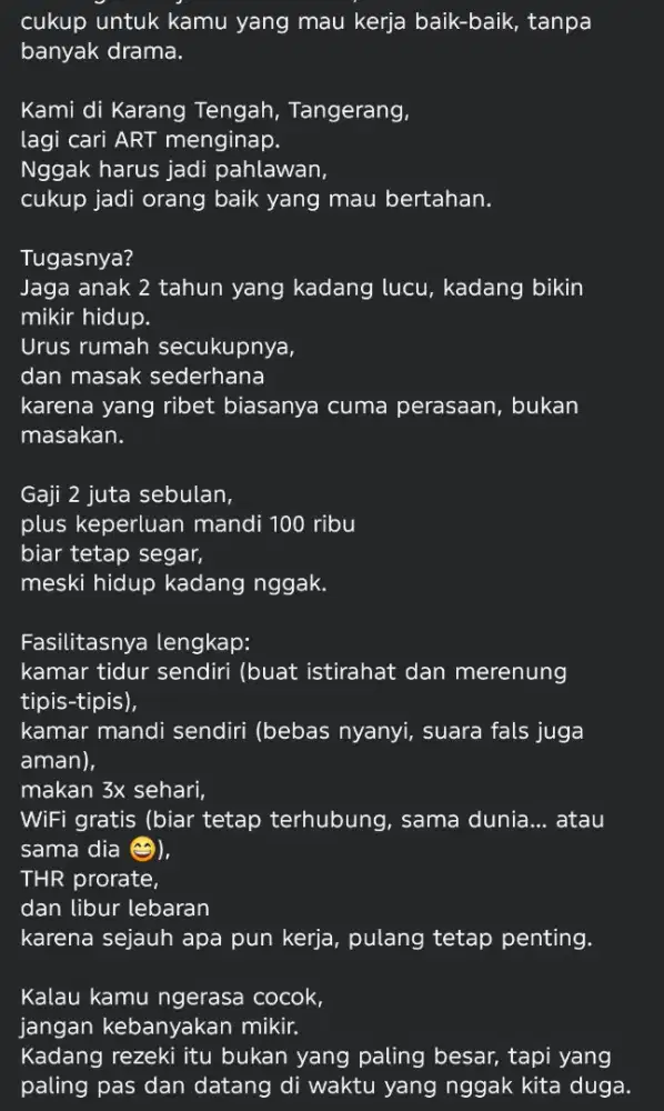 Lowongan ART Menginap — Karang Tengah