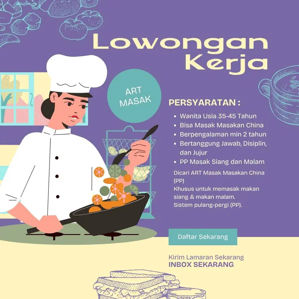 LOKER ART WANITA BISA MASAKAN CINA SIANG DAN MALAM