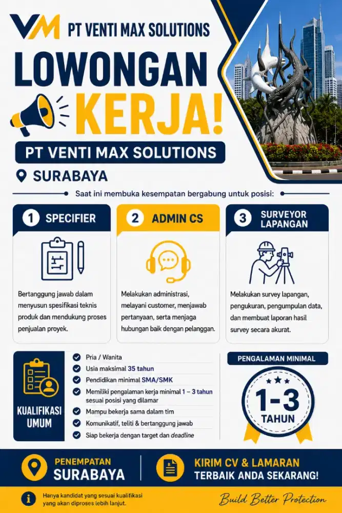 Lowongan kerja untuk posisi:
Specifier,Admin CS,Surveyor Lapangan