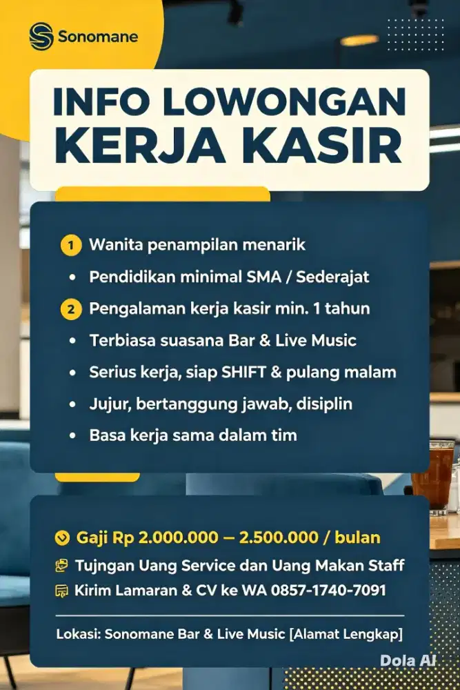 Butuh Kasir Bar Dan Restaurant Segera