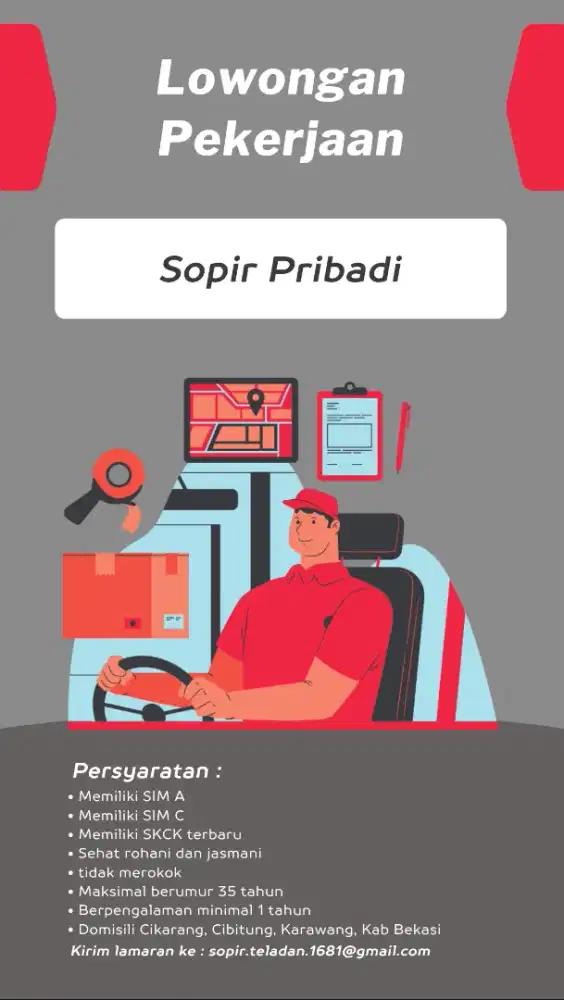Sopir Pribadi antar dan jemput ke kantor, bekerja Senin - Jumat