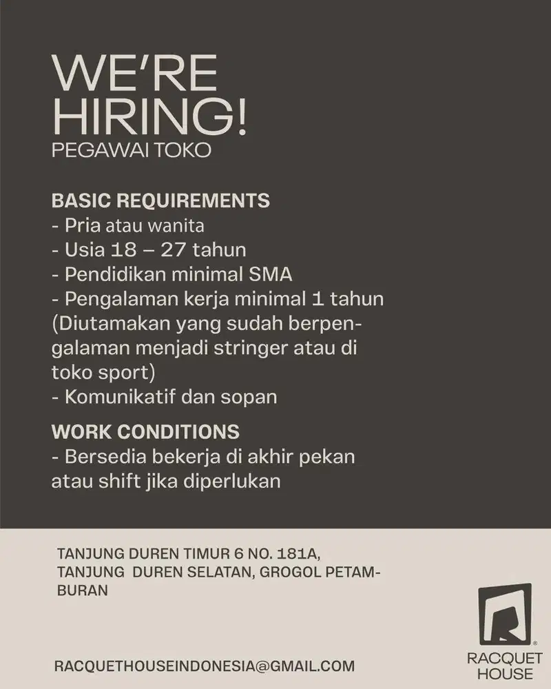 DICARI STAFF UNTUK TOKO OLAHRAGA