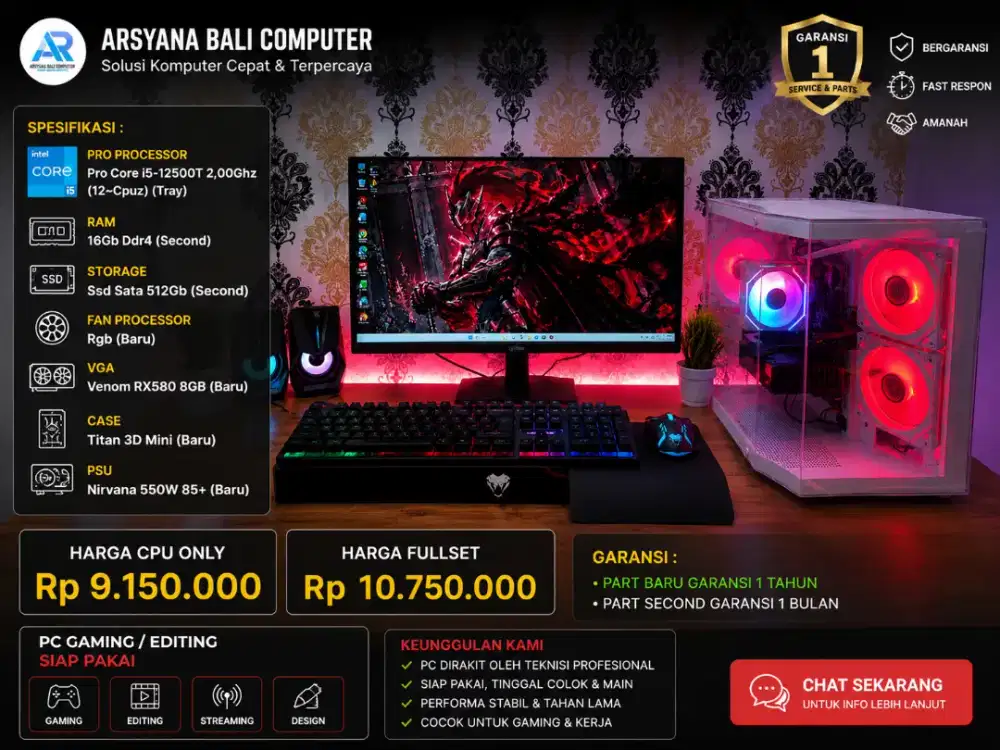 PC GAMING CORE I5 GEN-12, RAM 16GB DDR4, SSD 512GB, VGA RX 580 8GB