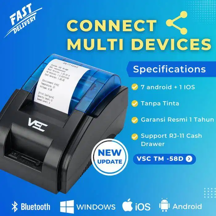 printer kasi thermal bluetooth 58mm VSC 58UB USB Rj-11 Black NEW