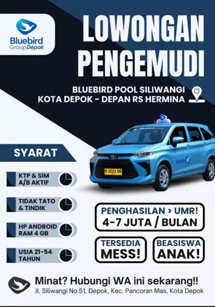lowongan driver bluebird silliwangi depok
