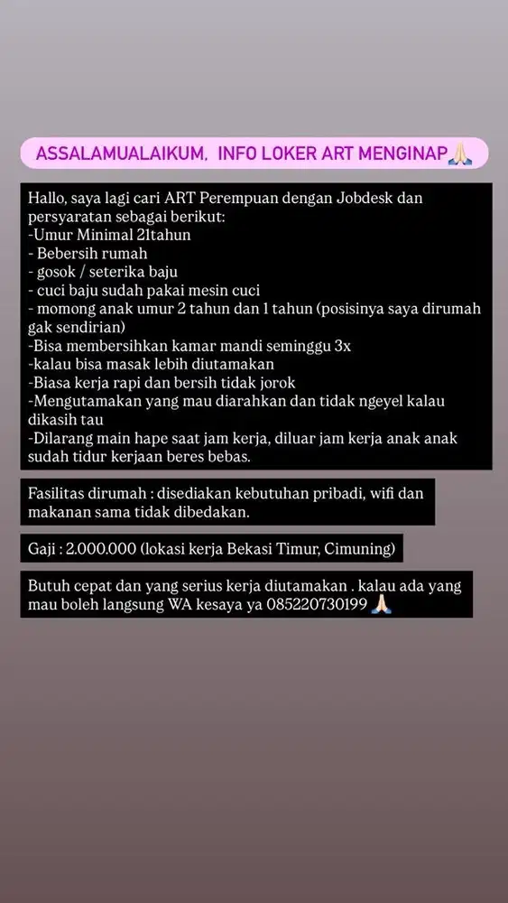 Info Lowongan Kerja ART Perempuan Menginap