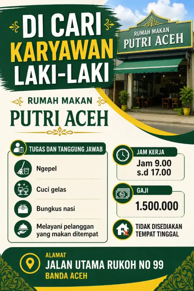 Dicari karyawan laki laki untuk rumah makan