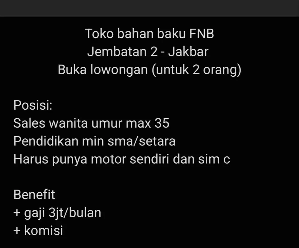 Sales wanita produk fnb max umur 35