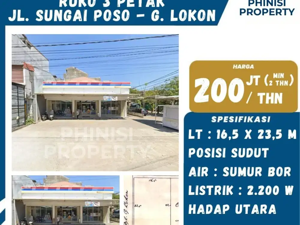 Disewakan Ruko 3 Petak Strategis di Jl. Sungai Poso – G. Lokon Makassar