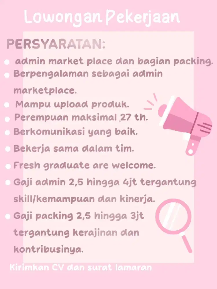 Lowongan pekerjaan admin kerja online dan bagian packing