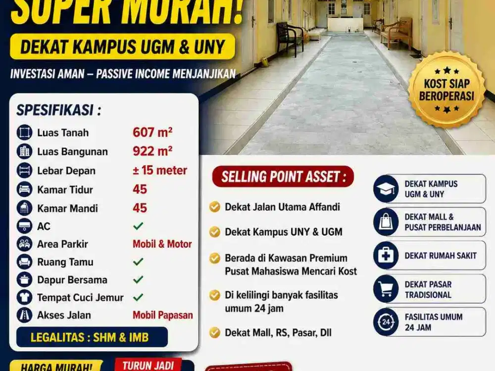 Kost Eksklusif 45 Kamar Dekat UGM UNY Full Penghuni Harga Murah