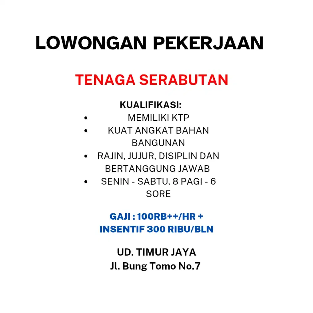 DIBUTUHKAN SEGERA TENAGA SERABUTAN