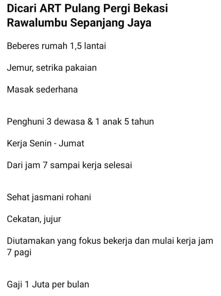 Dicari ART Pulang pergi