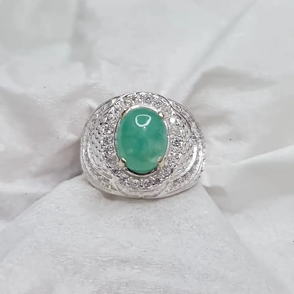 Natural 3.35 CT Zambian Emerald Beryl Alpaca Mixed Metal Mens Ring