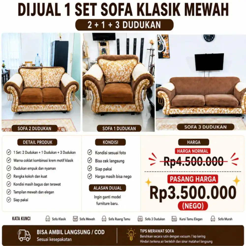 SET SOFA BEKAS MEWAH KLASIK (3+2+1 SEATER)
