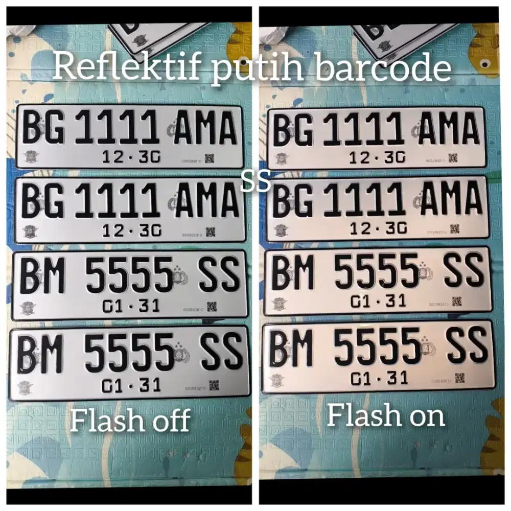 Plat reflektif putih barcode mobil menyala