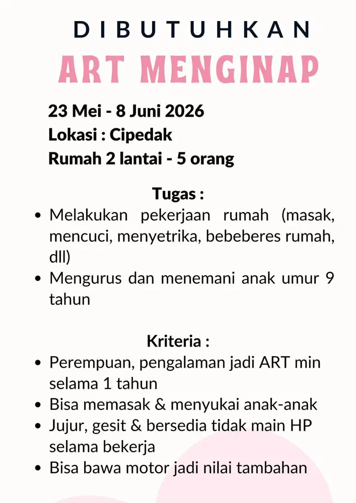 Dibutuhkan ART Menginap 2 Minggu