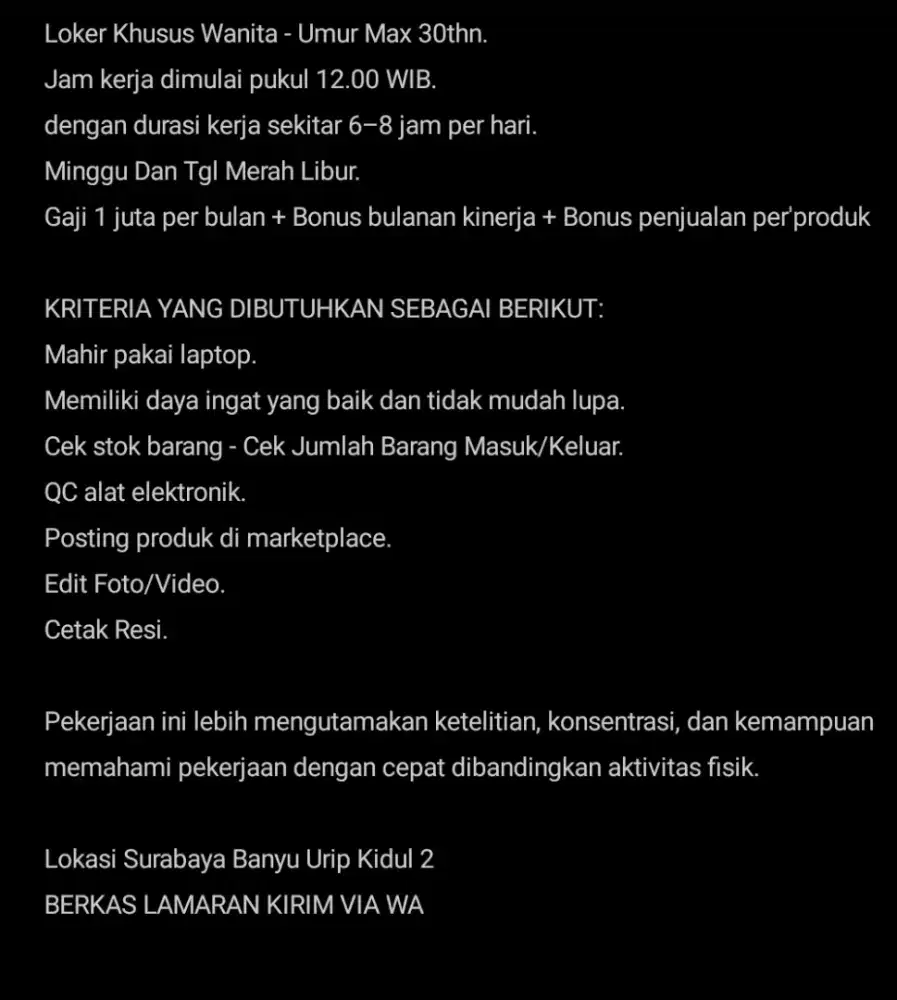 lowongan kerja admin khusus wanita