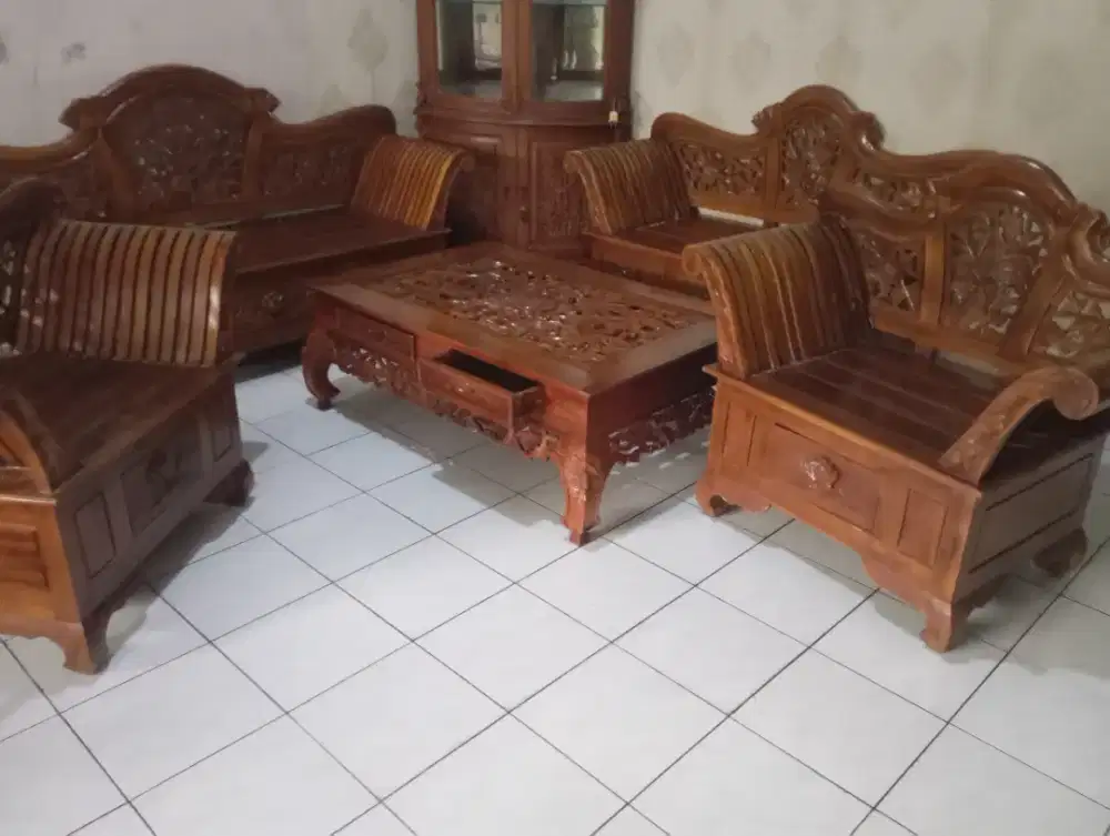 Set kursi tamu jati Jepara asli Jawa mewah 7 person jumboo meja laci