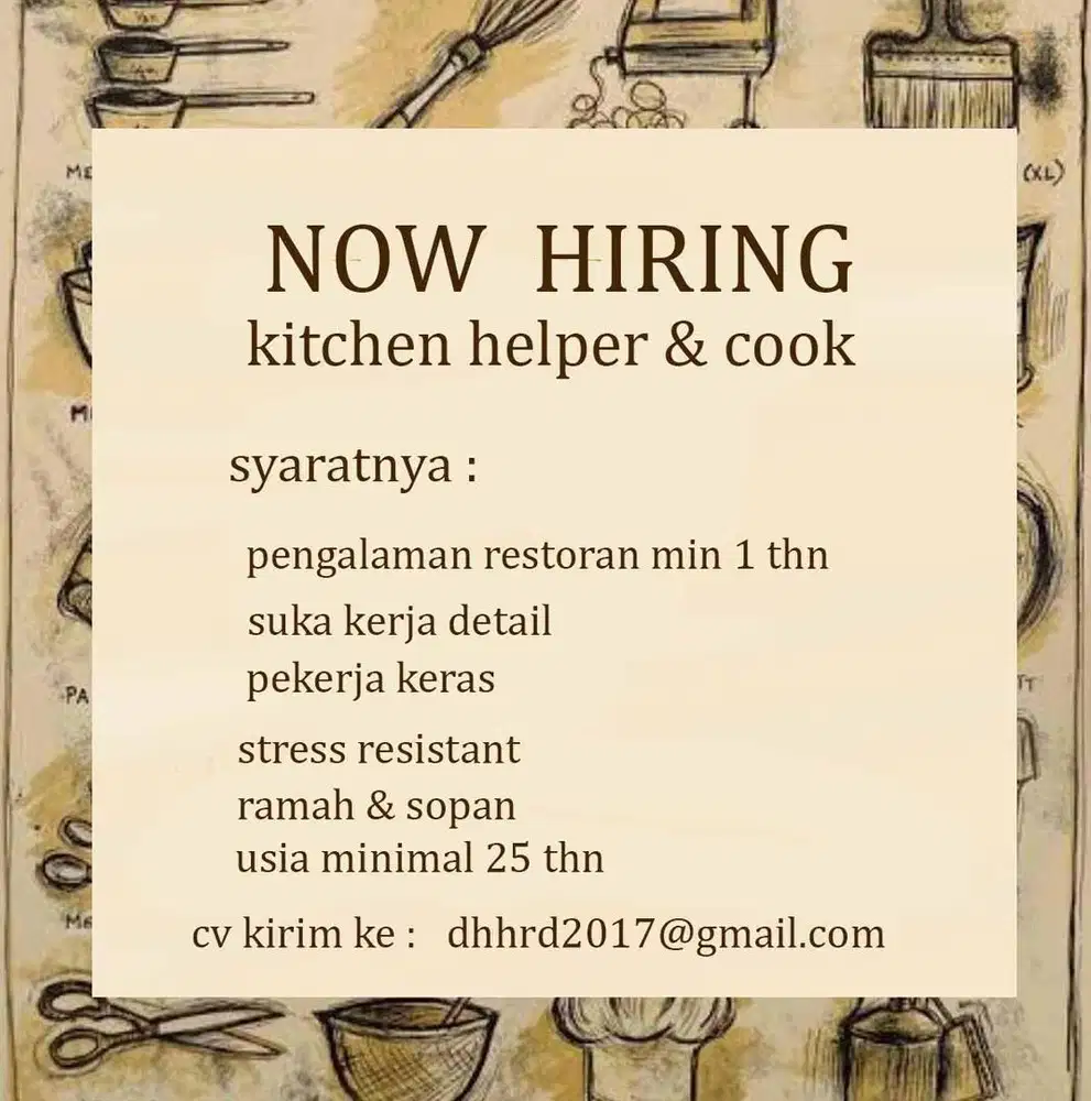 NOW HIRING KITCHEN HELPER & cook