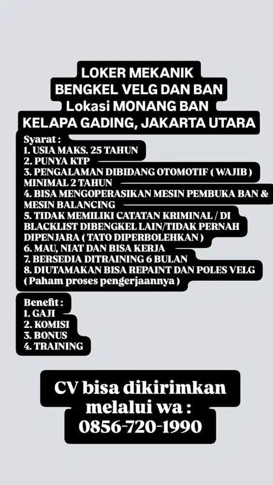 Dicari montir untuk bengkel velg dan ban mobil