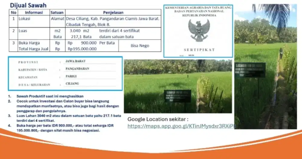 Dijual Sawah Produkti Luas 3040m2 (207.1 Bata) di Parigi Pangandaran