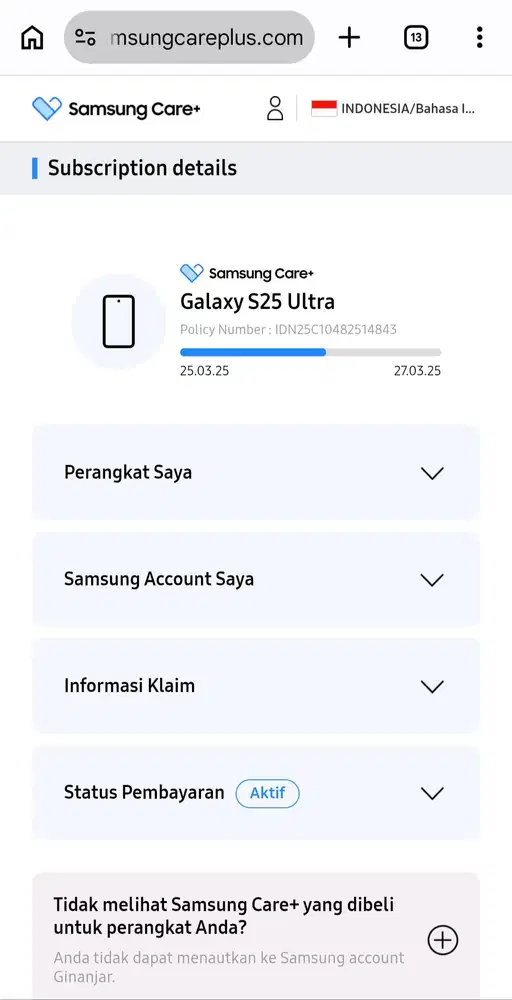 Samsung S25 Ultra 512 Gb + Samsung Care+ Plus Maret 2027