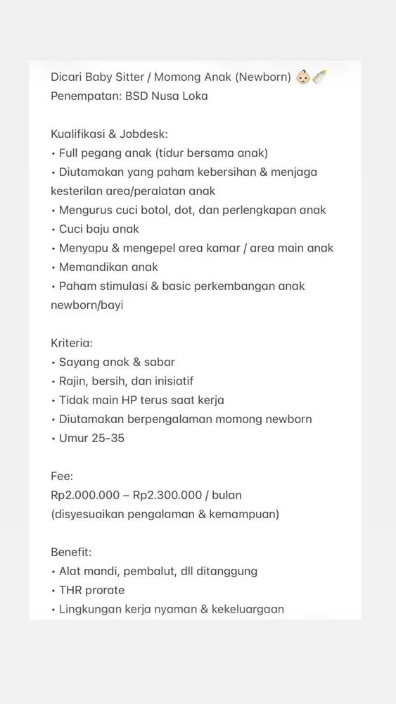 Dicari BABY SITTER / Momong Anak Newborn (Menginap)