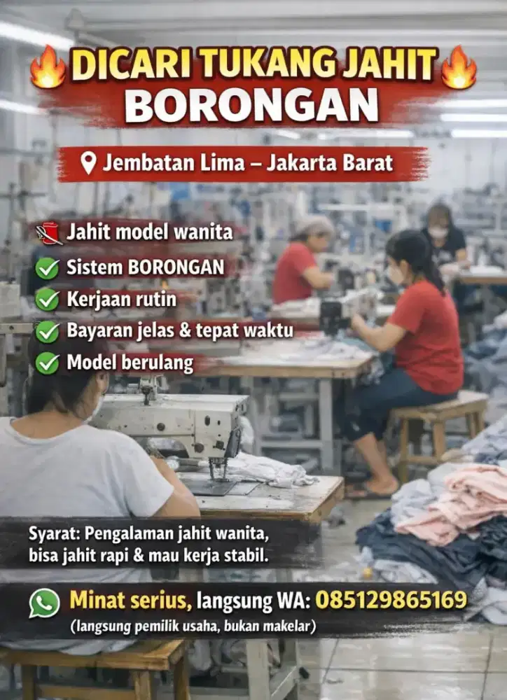 Lowongan tukang jahit di cari secepatnya jembatan 5