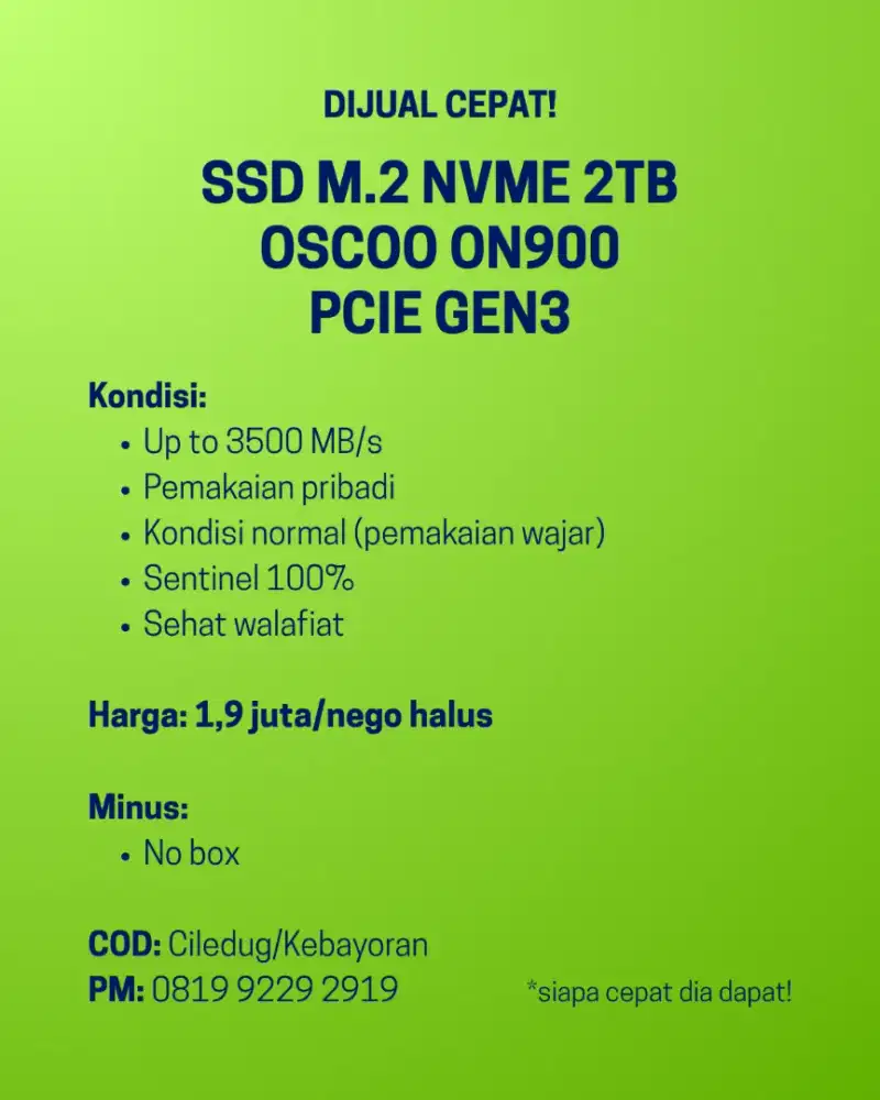 Dijual cepat! SSD M.2 NVME 2TB OSCOO ON900 PCIE GEN3